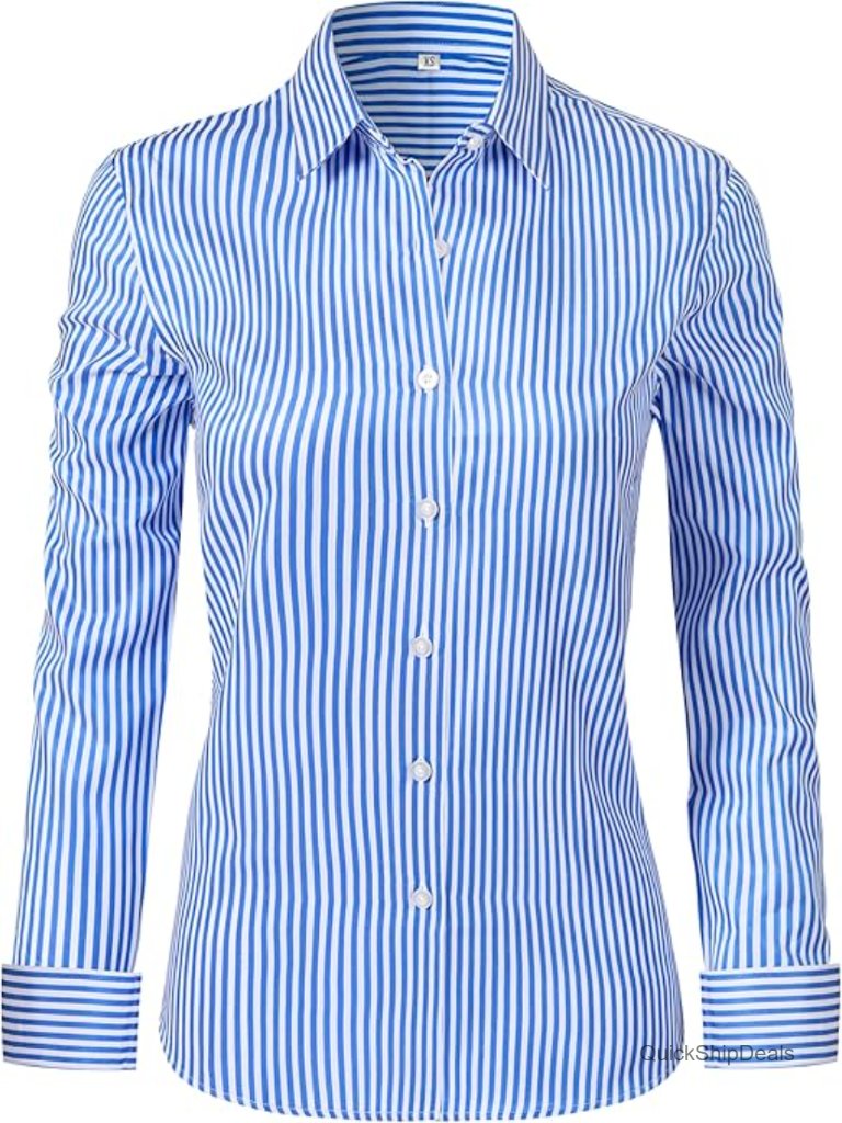 Wrinkle Free Button Down Shirt Long Sleeve Striped Blouse Formal Work Top